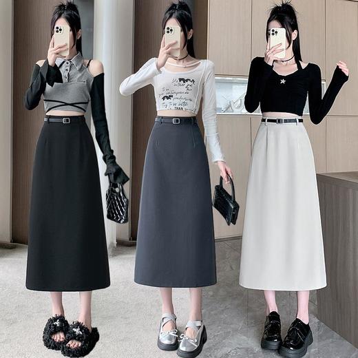 简约西装直筒包臀裙2024秋季新款修身开叉A字半身裙配腰带中长裙💕 商品图1