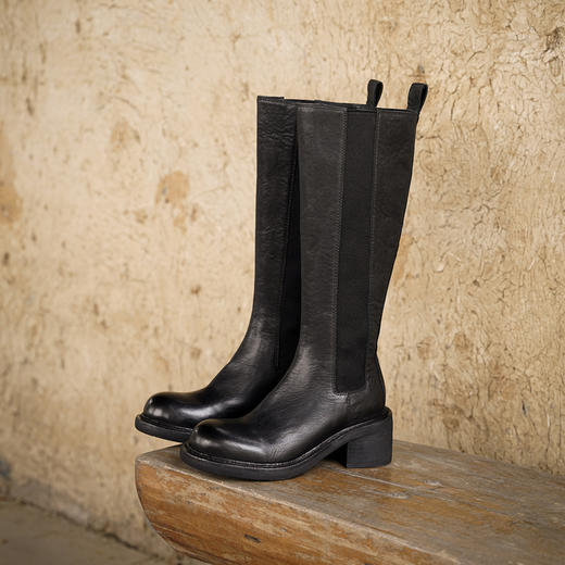 【阿么古纹马皮鞋】粗跟长筒靴6CM显瘦时尚小个子冬季不过膝靴子 商品图3