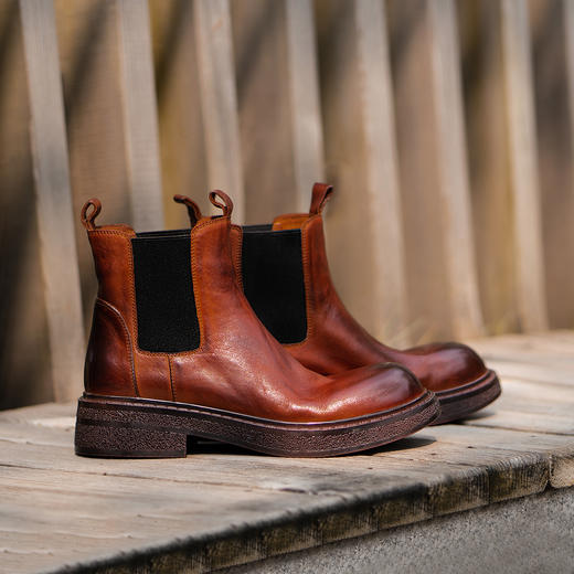 【阿么古纹马皮鞋】英伦风粗跟切尔西靴秋冬撞色拼接百搭短靴3.5CM 商品图1