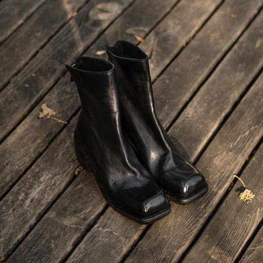 【阿么古纹马皮鞋】方头后拉链小众时尚短靴5CM复古高跟秋冬瘦瘦靴 商品图4