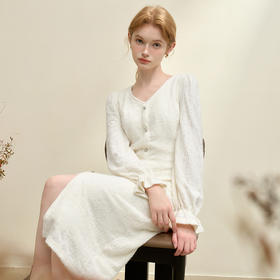 西遇法式优雅长袖连衣裙女新款V领收腰显瘦温柔风长裙14142950