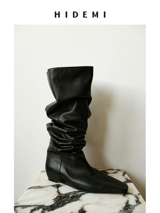 HIDEMI 【张小斐同款】进口牛皮经典方尖头内增高堆堆感显瘦长靴马靴 黑色牛皮|棕色麂皮 商品图8