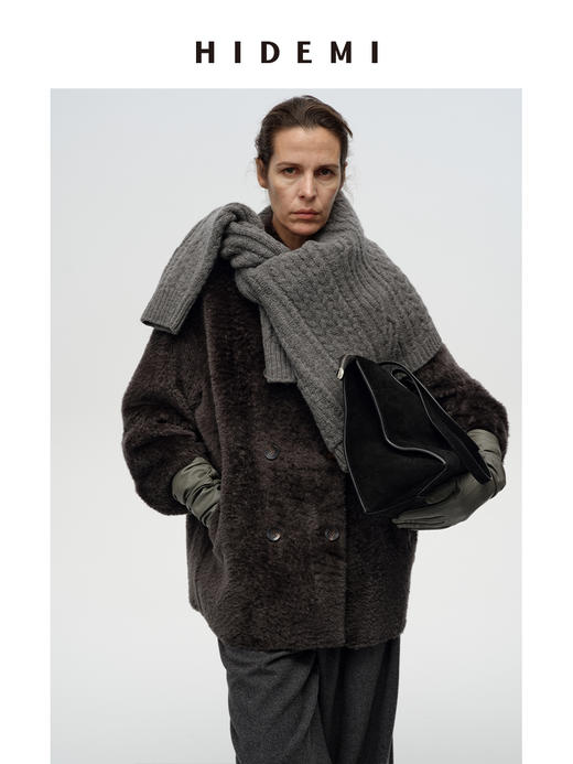 HIDEMI 进口胎羔羊皮毛一体双排扣经典款廓形极简设计感皮草大衣皮衣 商品图5
