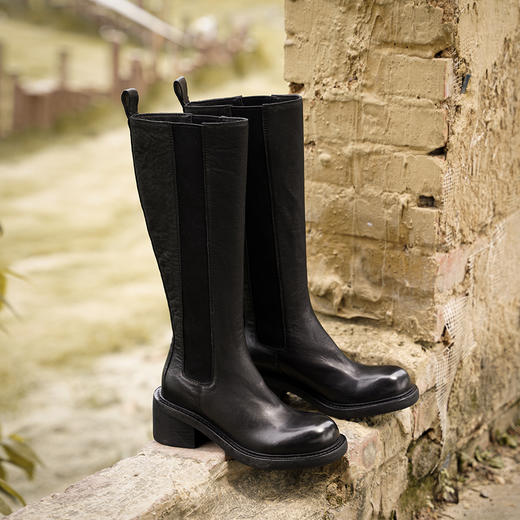 【阿么古纹马皮鞋】粗跟长筒靴6CM显瘦时尚小个子冬季不过膝靴子 商品图4