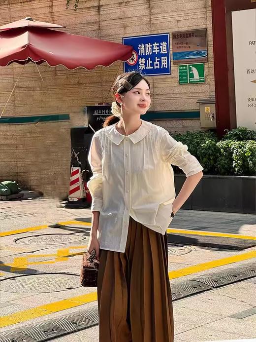 浮生八记/24C111/复古格纹胸前塔克褶娃娃领全棉衬衣 商品图0