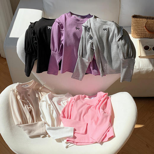 【女童新款打底衫，蝴蝶结刺绣设计】女童打底衫韩版春季新款 刺绣蝴蝶结上衣 女孩圆领中小儿童T恤-QQ 商品图1