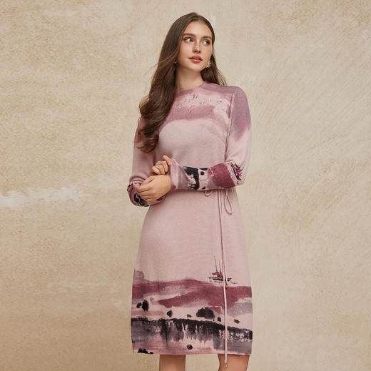 PH608斯尔丽24新款水墨印花国风半高领长袖柔软保暖针织连衣裙 商品图2