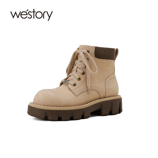 westory学院风马丁小黄靴英伦风复古厚底真皮短筒休闲马丁靴女W24DS83971 商品图1
