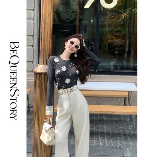 【大码捡漏，不退不换】【雪夜精灵】气质立体花朵印花拼接蕾丝袖口长袖上衣 商品图0