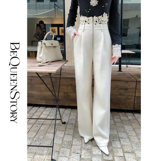 【孤品样衣，不退不换】【卢浮花事】舒适显瘦蕾丝腰头层次感高腰直筒休闲裤女 商品图4