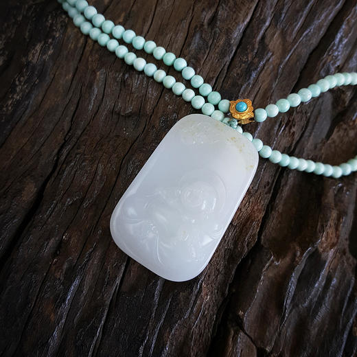 【天然正品】AU750黄金镶天然新疆料弥勒佛和田玉（吉祥、平安）吊坠配约3MM绿松石圆珠项链中性现售价：2980！160824NJ09 商品图4