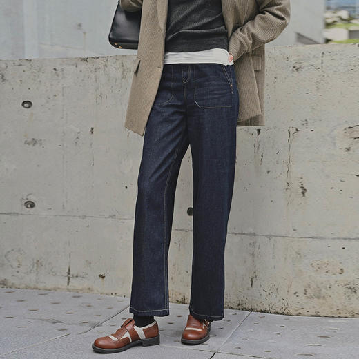 【顺丰包邮】92324 洛诗琳春秋深蓝色新款高腰显瘦美式高街直筒长裤632 商品图2