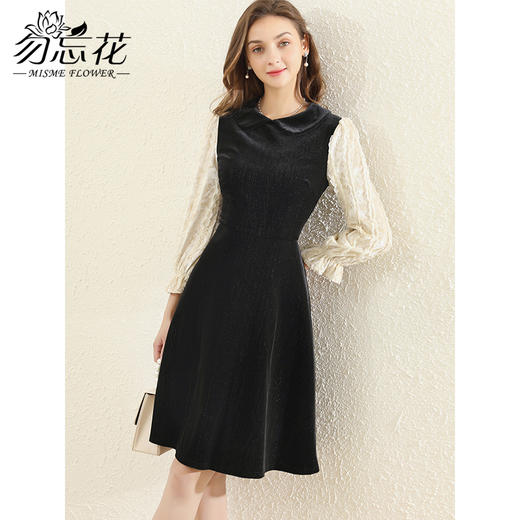 勿忘花黑色丝绒气质娃娃领连衣裙女2025春季新款拼接内搭显瘦裙子 商品图2