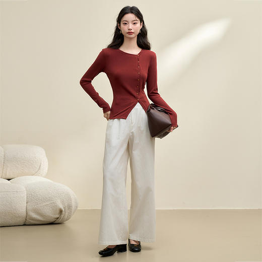 西遇法式针织上衣T恤女新款红色复古不规则修身针织衫13442542 商品图2