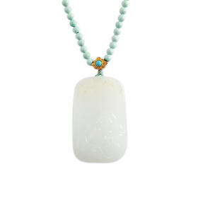 【天然正品】AU750黄金镶天然新疆料弥勒佛和田玉（吉祥、平安）吊坠配约3MM绿松石圆珠项链中性现售价：2980！160824NJ09