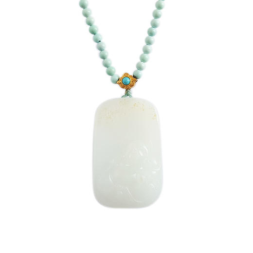 【天然正品】AU750黄金镶天然新疆料弥勒佛和田玉（吉祥、平安）吊坠配约3MM绿松石圆珠项链中性现售价：2980！160824NJ09 商品图0