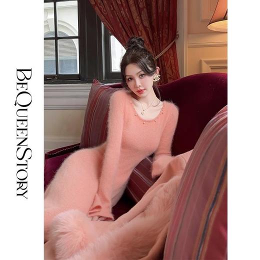 BeQueenStory【柔光曲线】气质柔软安哥拉兔毛显瘦U领鱼尾连衣裙女 商品图3