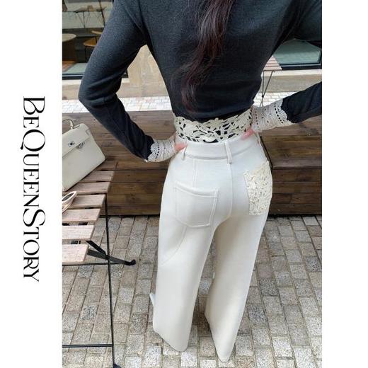 【孤品样衣，不退不换】【卢浮花事】舒适显瘦蕾丝腰头层次感高腰直筒休闲裤女 商品图3