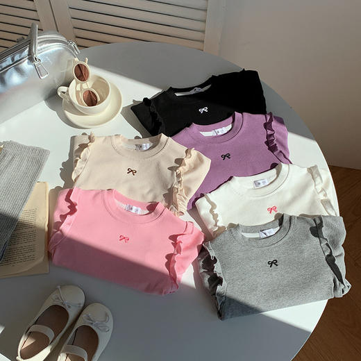 【女童新款打底衫，蝴蝶结刺绣设计】女童打底衫韩版春季新款 刺绣蝴蝶结上衣 女孩圆领中小儿童T恤-QQ 商品图2
