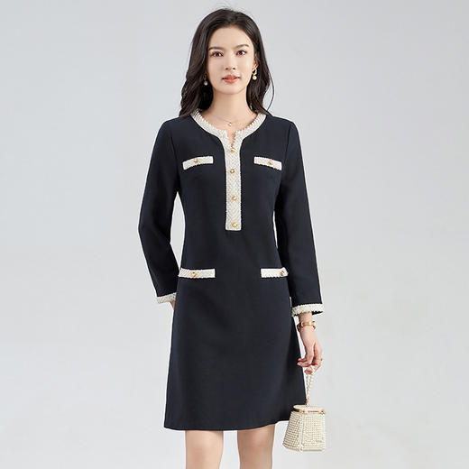 【高货wl】全新升级【铂金会员321/天猫429/差价108】(05156) 洛诗琳气质小香长袖连衣裙新款气质钉珠撞色V领显瘦A字裙 商品图3