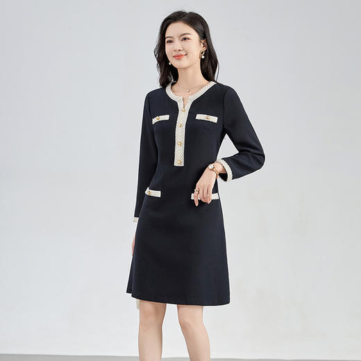 【高货wl】全新升级【铂金会员321/天猫429/差价108】(05156) 洛诗琳气质小香长袖连衣裙新款气质钉珠撞色V领显瘦A字裙 商品图1