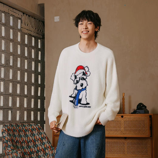 YKYB新款秋款毛衣宽松上衣圆领落肩柔软舒适猫狗情侣针织衫 商品图2