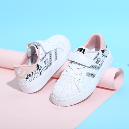 迪士尼学生四季小白鞋男女童白色运动鞋面皮儿童跑步鞋透气网面M2218676 商品图1