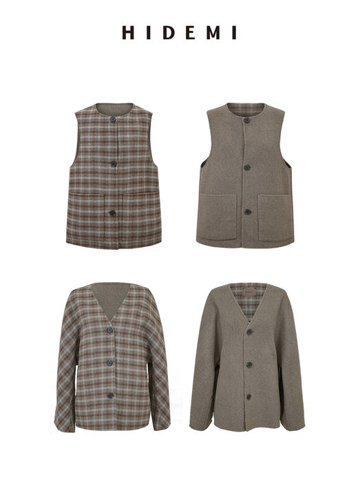 HIDEMI 进口澳洲羊毛双面呢色织格纹纽扣马甲两件套式极简廓形大衣外套 商品图0