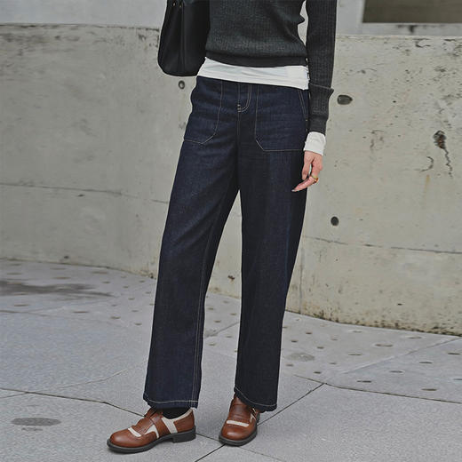 【顺丰包邮】92324 洛诗琳春秋深蓝色新款高腰显瘦美式高街直筒长裤632 商品图1