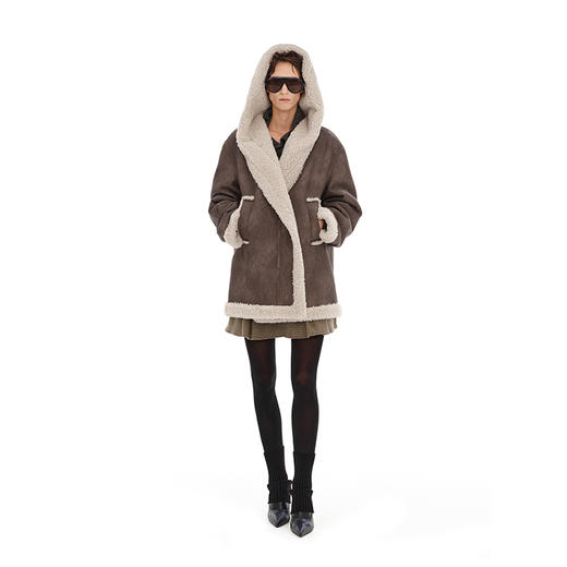 NUTH复古皮毛一体大衣宽松连帽中长款皮草外套女 商品图3