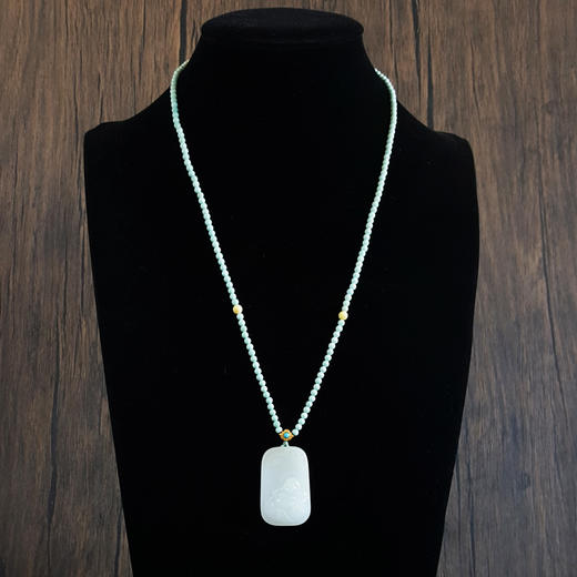 【天然正品】AU750黄金镶天然新疆料弥勒佛和田玉（吉祥、平安）吊坠配约3MM绿松石圆珠项链中性现售价：2980！160824NJ09 商品图7