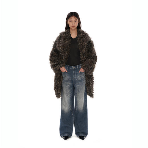 NUTH  棕色中长款环保皮草宽松保暖翻领大衣外套女 商品图4