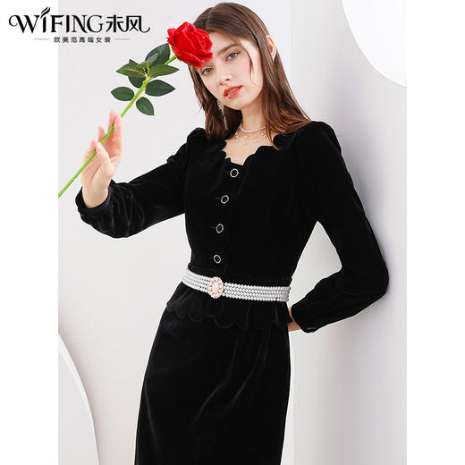 未风黑色丝绒连衣裙女秋季2025春季新款女装气质名媛女装显瘦裙子 商品图1