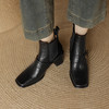阿么手工女鞋复古高跟6CM英伦风牛皮粗跟短靴百搭方头切尔西靴女 商品缩略图3