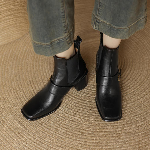 阿么手工女鞋复古高跟6CM英伦风牛皮粗跟短靴百搭方头切尔西靴女 商品图3