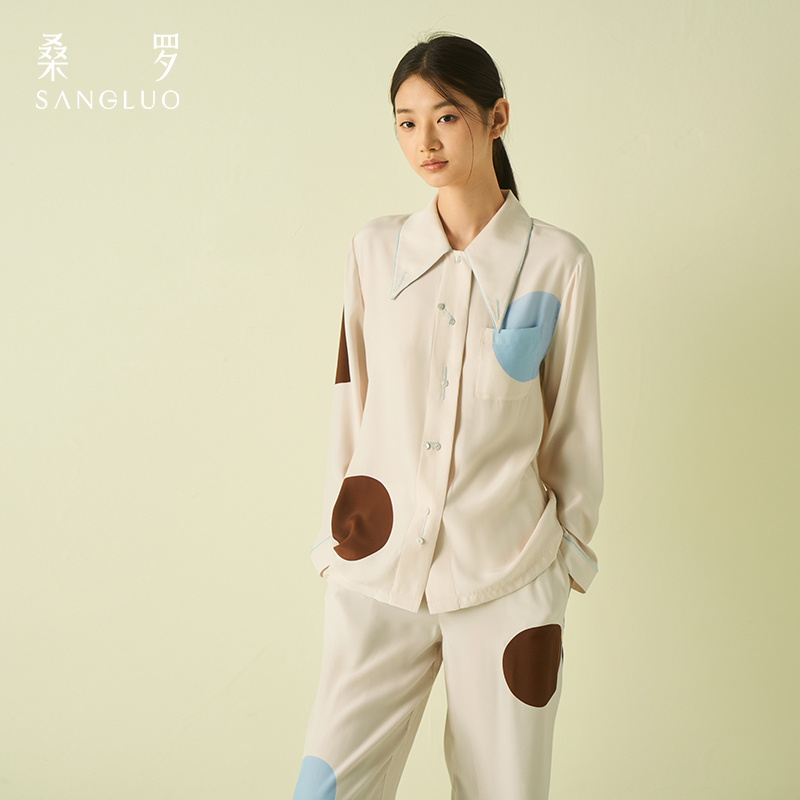 桑罗美拉德波点真丝睡衣女复古俏皮撞色嵌条可外穿家居服24年新品