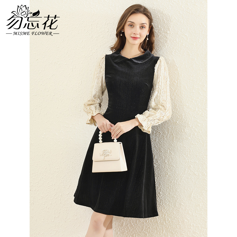 勿忘花黑色丝绒气质娃娃领连衣裙女2025春季新款拼接内搭显瘦裙子