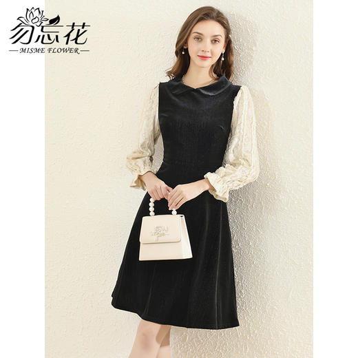 勿忘花黑色丝绒气质娃娃领连衣裙女2025春季新款拼接内搭显瘦裙子 商品图0