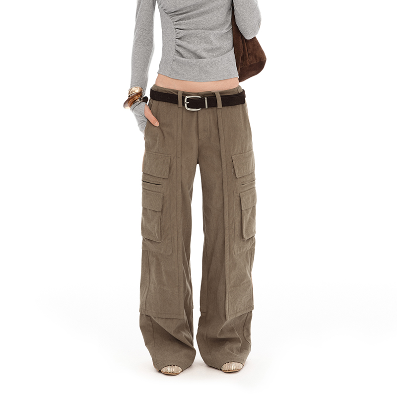 NUTH灯芯绒直筒中腰阔腿多口袋复古工装裤女秋冬