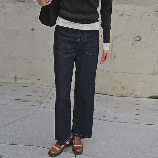 【顺丰包邮】92324 洛诗琳春秋深蓝色新款高腰显瘦美式高街直筒长裤632 商品图0