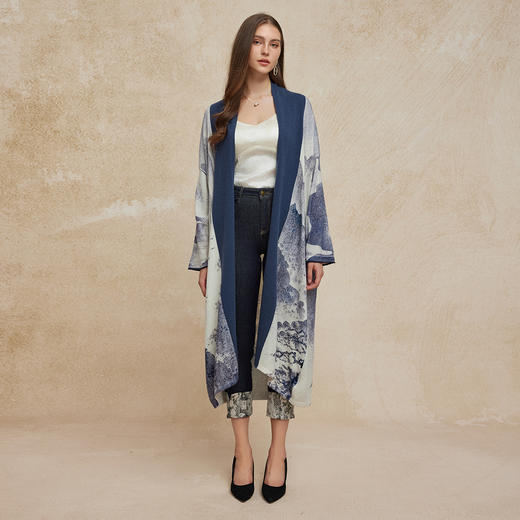 PH606斯尔丽24新款水墨印花国风感开衫廓形时尚显瘦长外套毛衫 商品图3