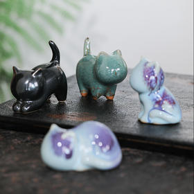 神钧宝瓷 钧釉窑变招财猫茶宠摆件