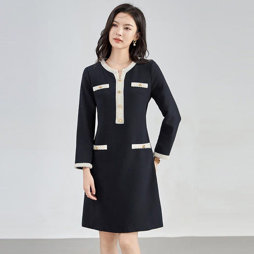 【高货wl】全新升级【铂金会员321/天猫429/差价108】(05156) 洛诗琳气质小香长袖连衣裙新款气质钉珠撞色V领显瘦A字裙 商品图0