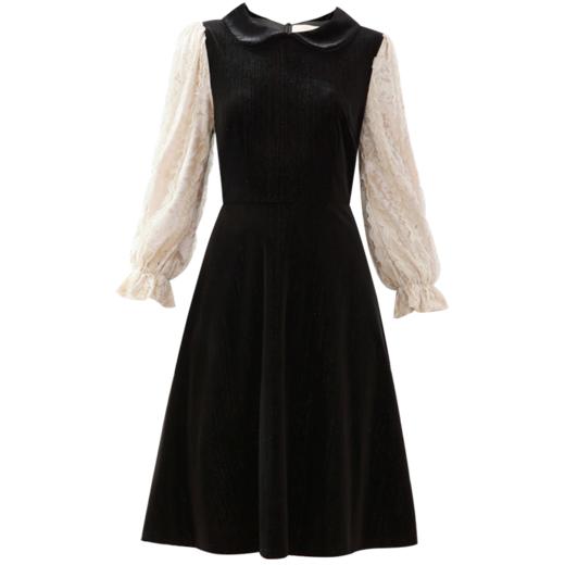 勿忘花黑色丝绒气质娃娃领连衣裙女2025春季新款拼接内搭显瘦裙子 商品图4