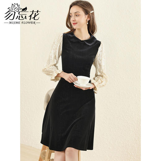 勿忘花黑色丝绒气质娃娃领连衣裙女2025春季新款拼接内搭显瘦裙子 商品图3