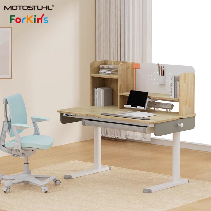 摩伽原木实木儿童书桌双驱动电动升降学习桌小学初中高中大学