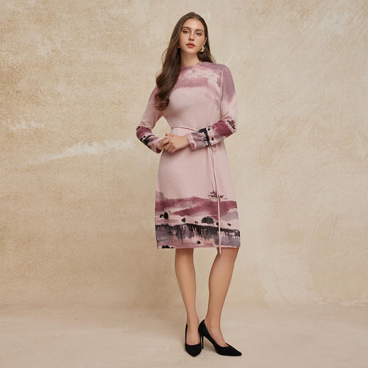 PH608斯尔丽24新款水墨印花国风半高领长袖柔软保暖针织连衣裙 商品图3
