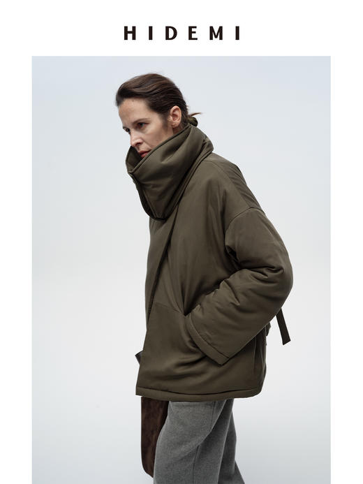 HIDEMI 极简设计感可拆卸围巾加厚款腰带廓形中短款棉服大衣外套 商品图0