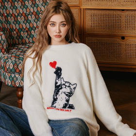 YKYB新款秋款毛衣宽松上衣圆领落肩柔软舒适猫狗情侣针织衫