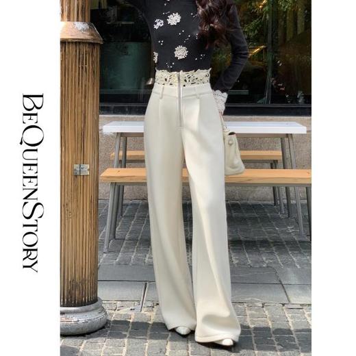 【孤品样衣，不退不换】【卢浮花事】舒适显瘦蕾丝腰头层次感高腰直筒休闲裤女 商品图0